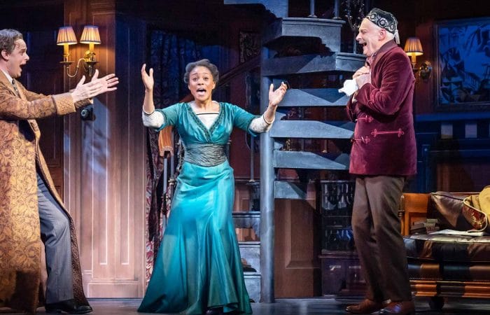 Harry Hadden-Paton as Professor Higgins, Amara Okereke as Eliza Doolittle and Malcolm Sinclair as Colonel Pickering in My Fair Lady